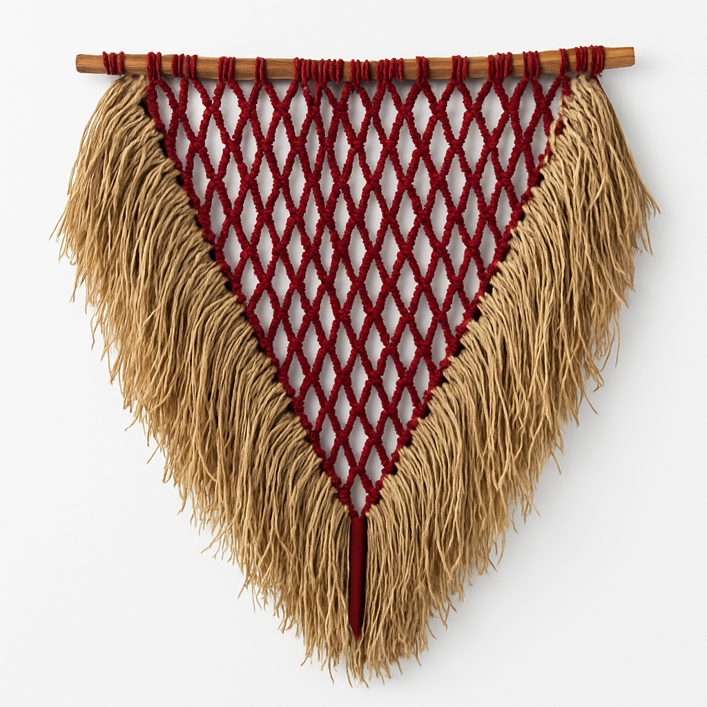 Handwoven Red Diamond Wall Hanging | Banana Leaf Fringe Decor | Handmade Boho Wall Art