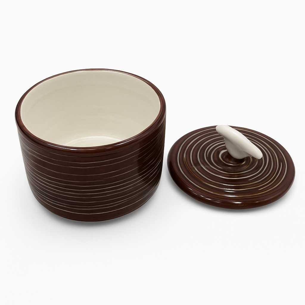 Cookie jar with glazed brown and white lines