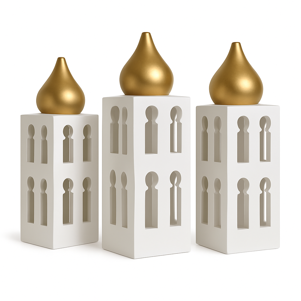 Golden Dome Ramadan Lantern Set | Islamic Decorative Towers | Set of 3
