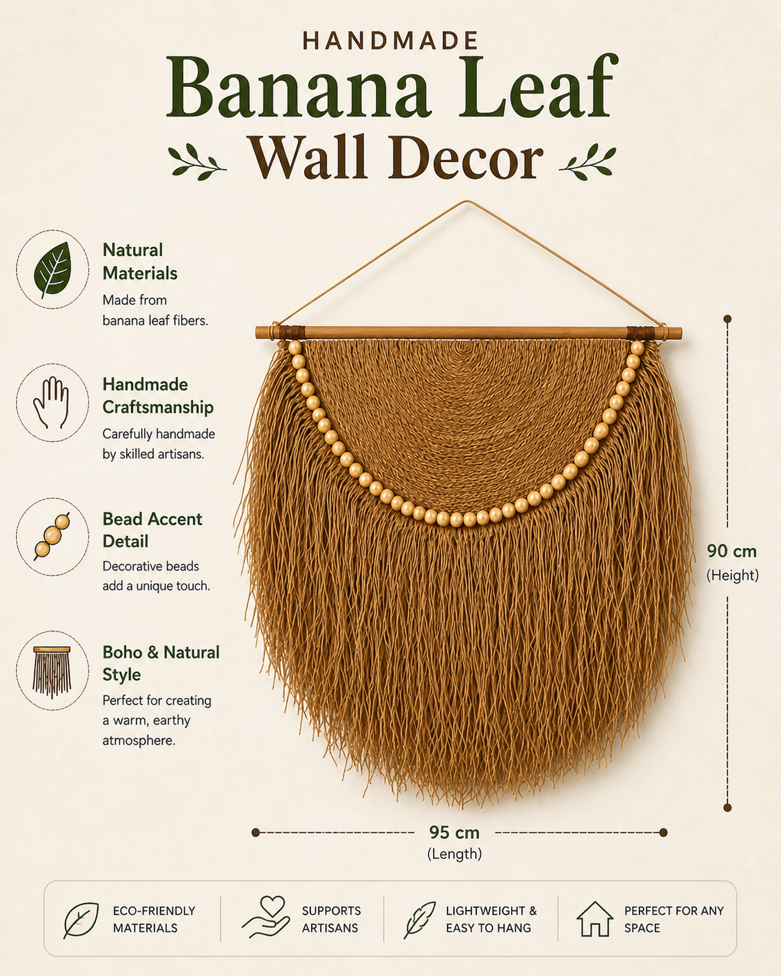 Handmade Banana Leaf Wall Hanging | Natural Fiber Wall Decor | Boho Fringe Wall Art