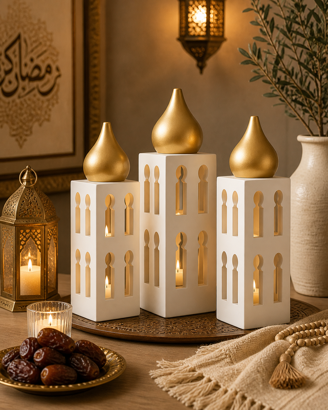Golden Dome Ramadan Lantern Set | Islamic Decorative Towers | Set of 3