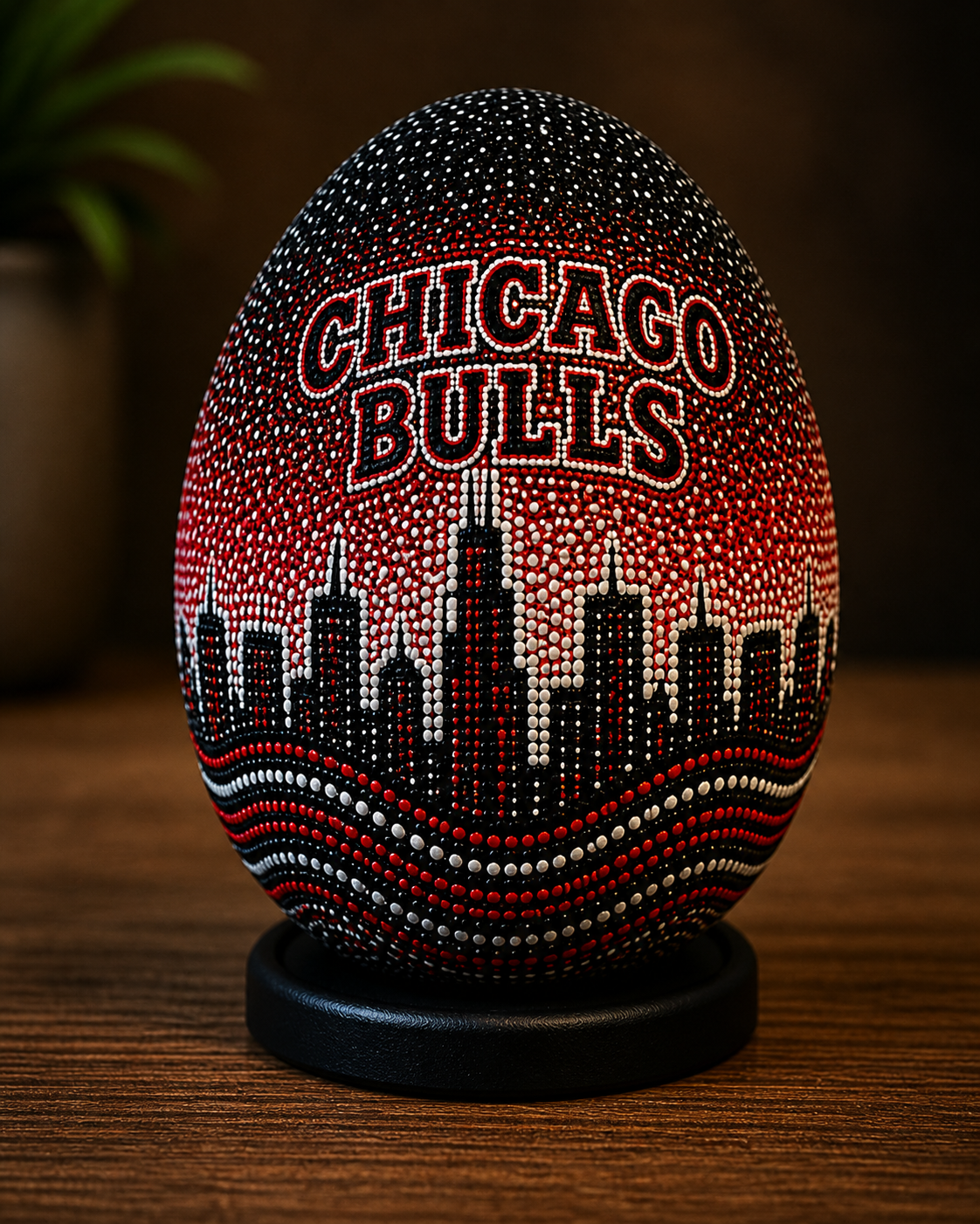 Handmade Ostrich Egg Art – Chicago Bulls Inspired Dot Painting | Basketball Decor | Unique Sports Gift | Hand Painted Collectible Egg