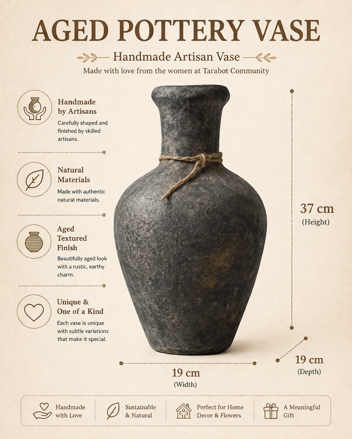 Handmade Aged Pottery Vase | Artisan Ceramic Decor | Natural Home Accent