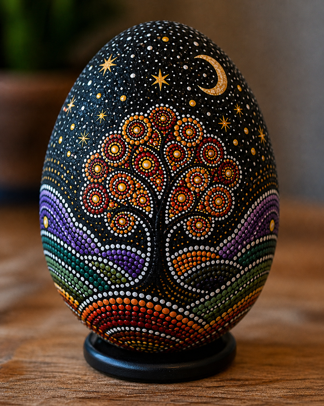 Hand Painted Ostrich Egg | Tree of Life Dot Art | Starry Night Decorative Egg