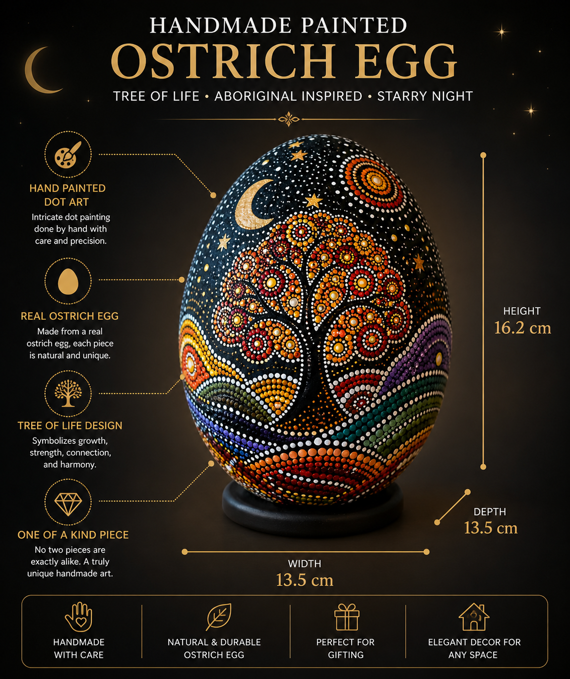 Hand Painted Ostrich Egg | Tree of Life Dot Art | Starry Night Decorative Egg