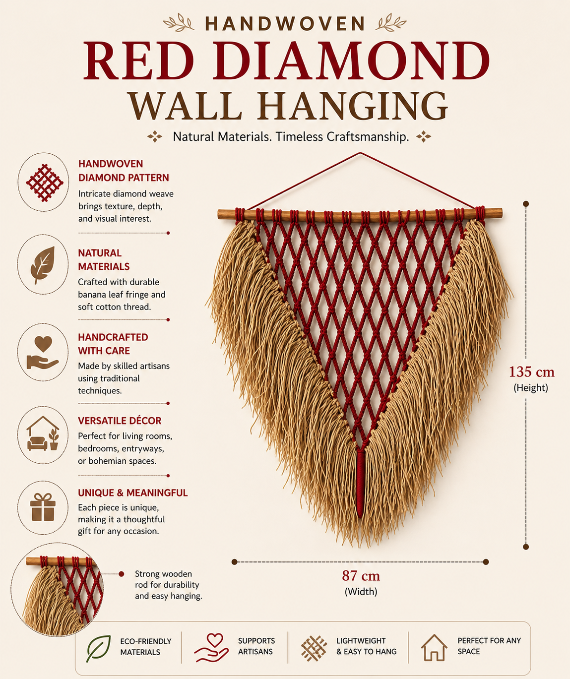 Handwoven Red Diamond Wall Hanging | Banana Leaf Fringe Decor | Handmade Boho Wall Art