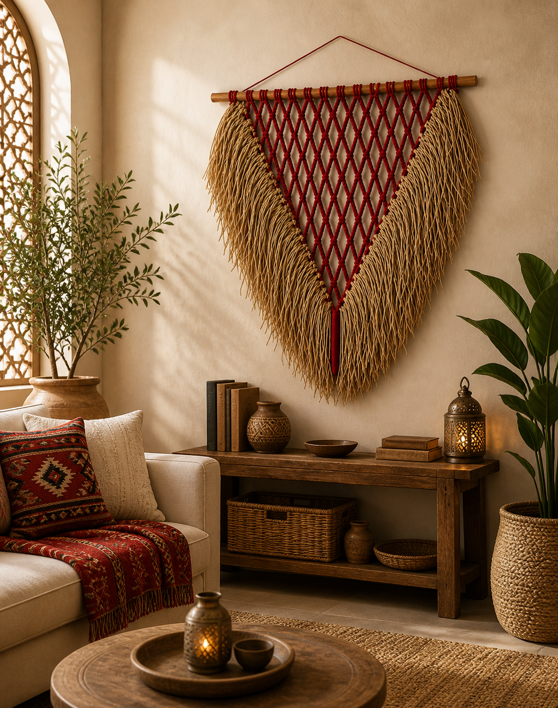 Handwoven Red Diamond Wall Hanging | Banana Leaf Fringe Decor | Handmade Boho Wall Art