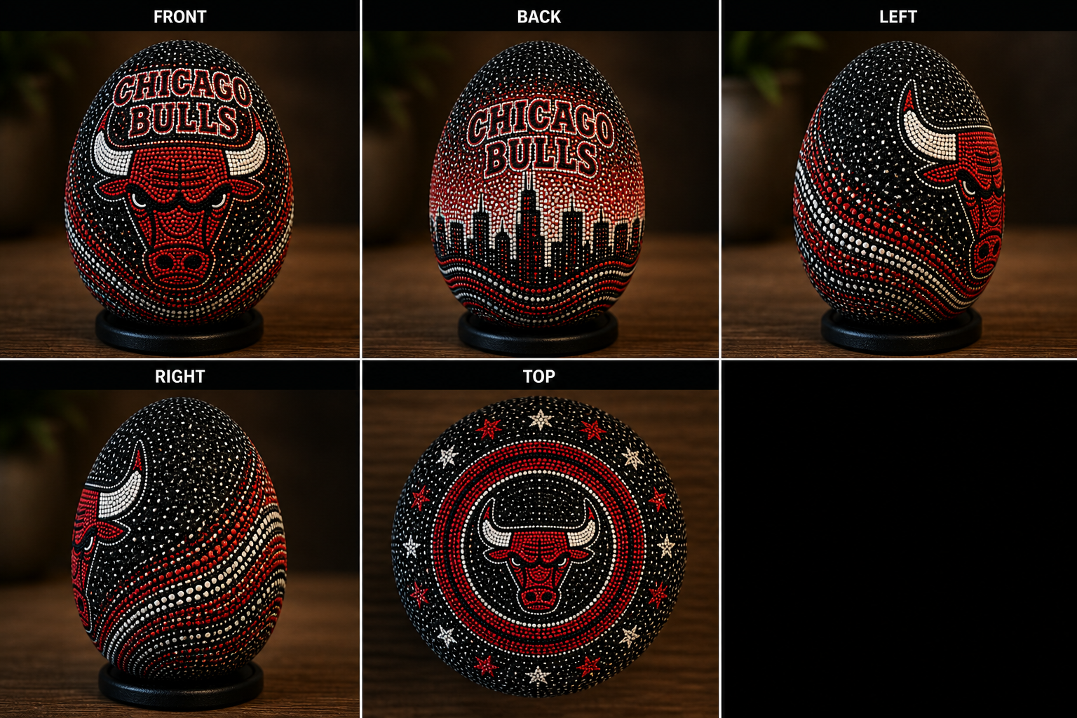 Handmade Ostrich Egg Art – Chicago Bulls Inspired Dot Painting | Basketball Decor | Unique Sports Gift | Hand Painted Collectible Egg