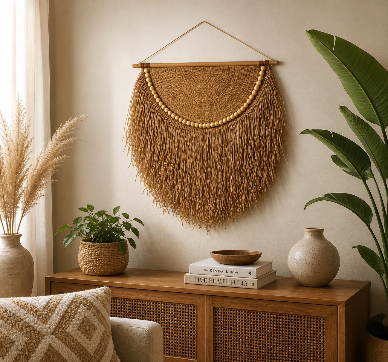 Handmade Banana Leaf Wall Hanging | Natural Fiber Wall Decor | Boho Fringe Wall Art