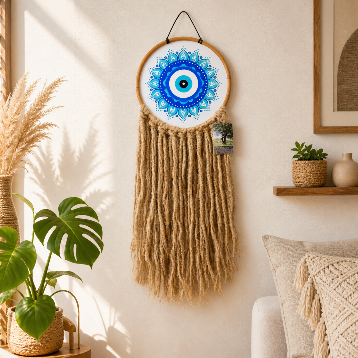 Handmade Evil Eye Wall Hanging | Boho Protection Decor | Natural Fiber Wall Art
