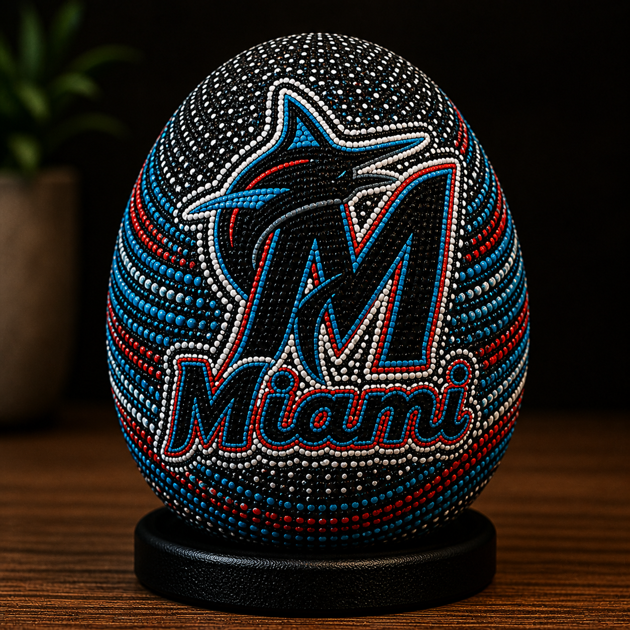 Handmade Ostrich Egg Miami Marlins Inspired Dot Art | Baseball Decor | Hand Painted Sports Collectible | Unique Fan Gift