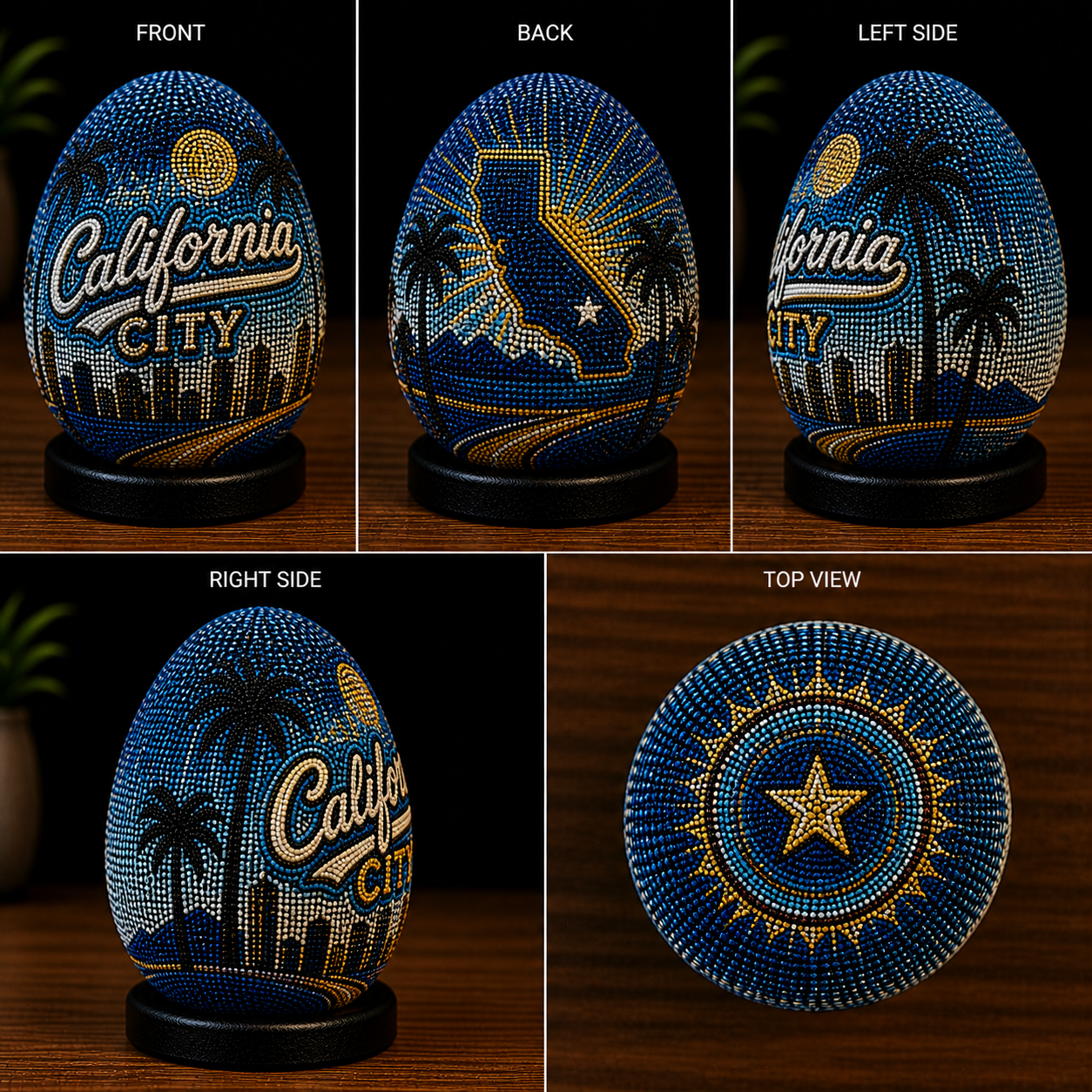 Handmade Ostrich Egg California City Dot Art | Skyline Decor | Hand Painted Travel Collectible | Unique Gift