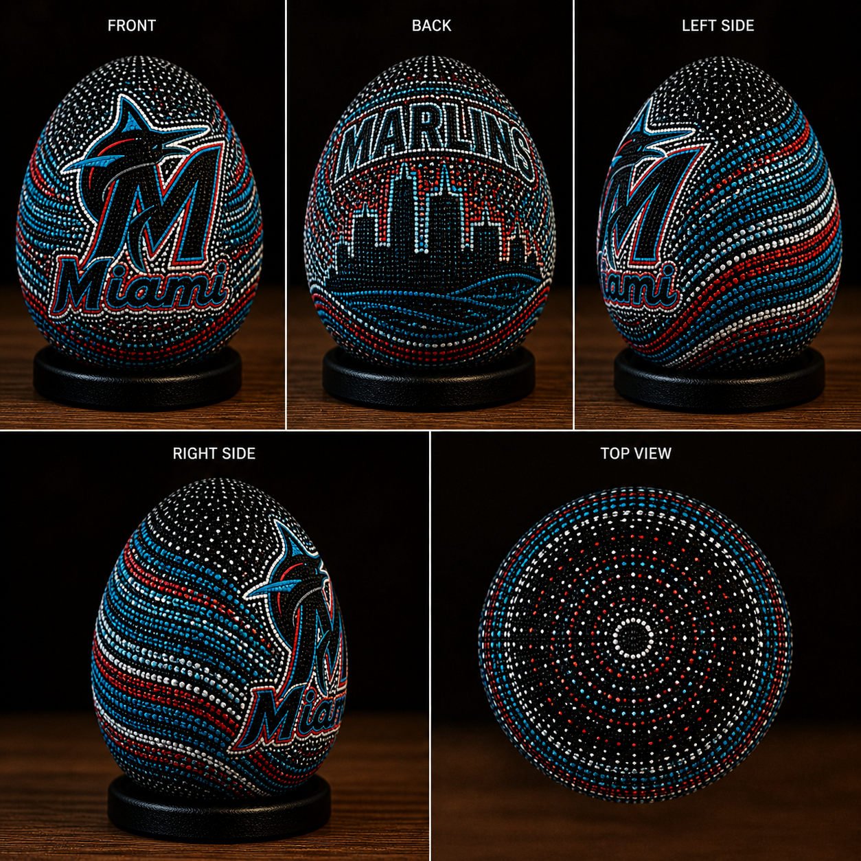 Handmade Ostrich Egg Miami Marlins Inspired Dot Art | Baseball Decor | Hand Painted Sports Collectible | Unique Fan Gift