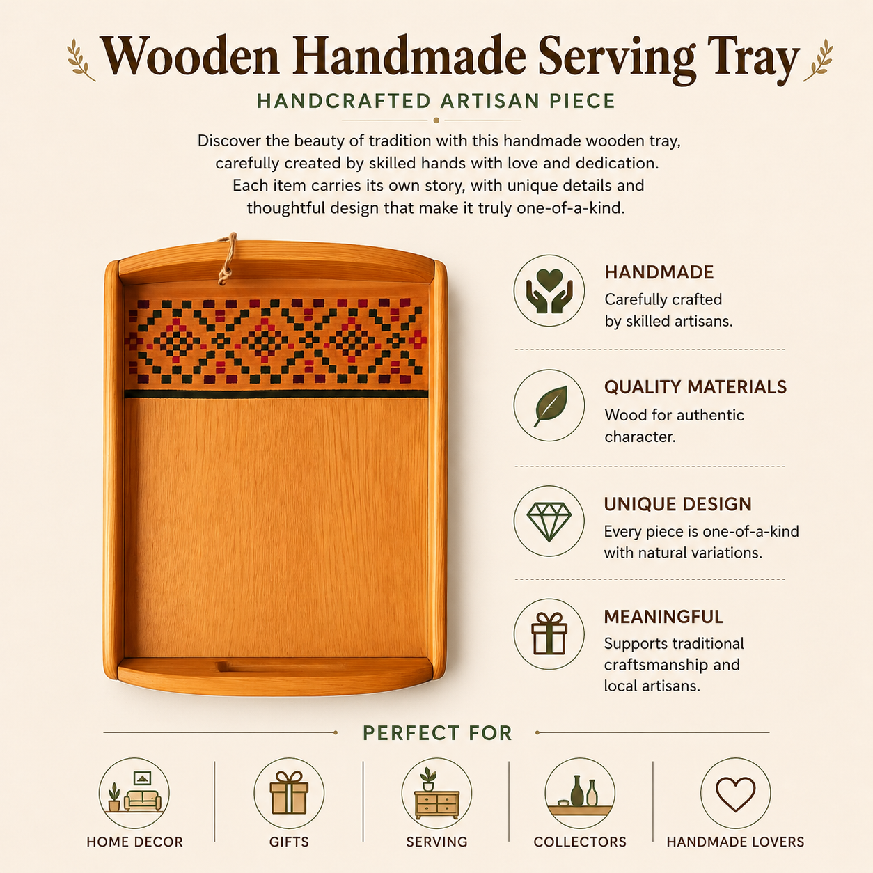 Wooden Handmade Serving Tray | Handcrafted Artisan Wooden Tray | Rustic Home Decor & Gift
