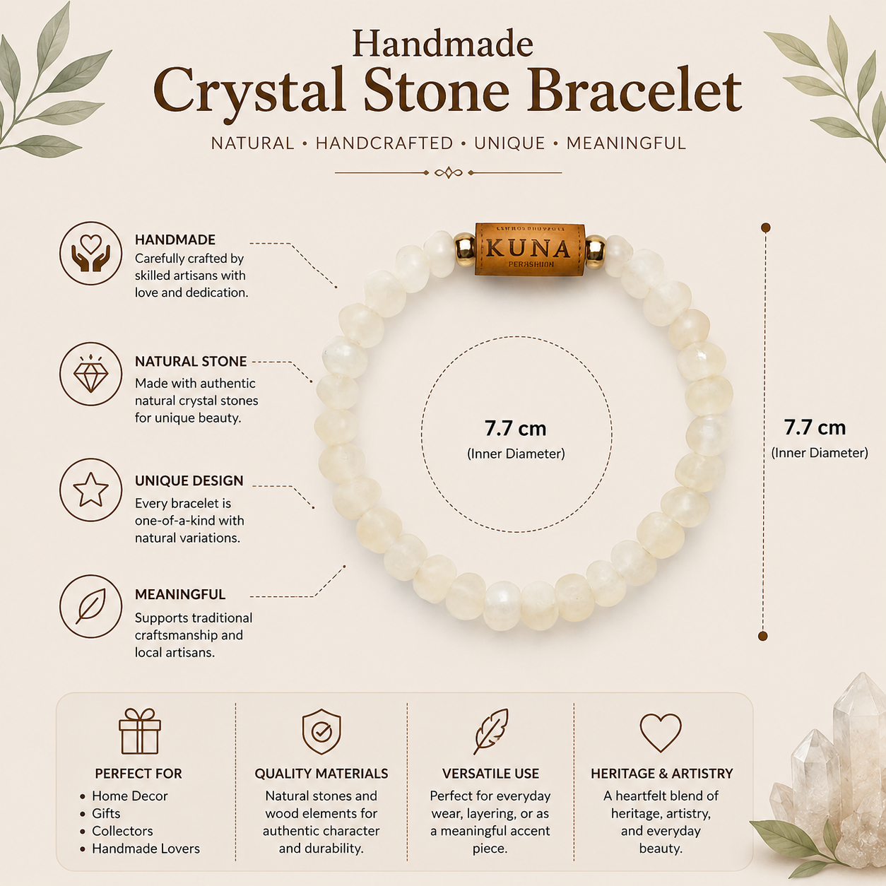 White Crystal Stone Bracelet | Handmade Beaded Bracelet | Artisan Jewelry Gift