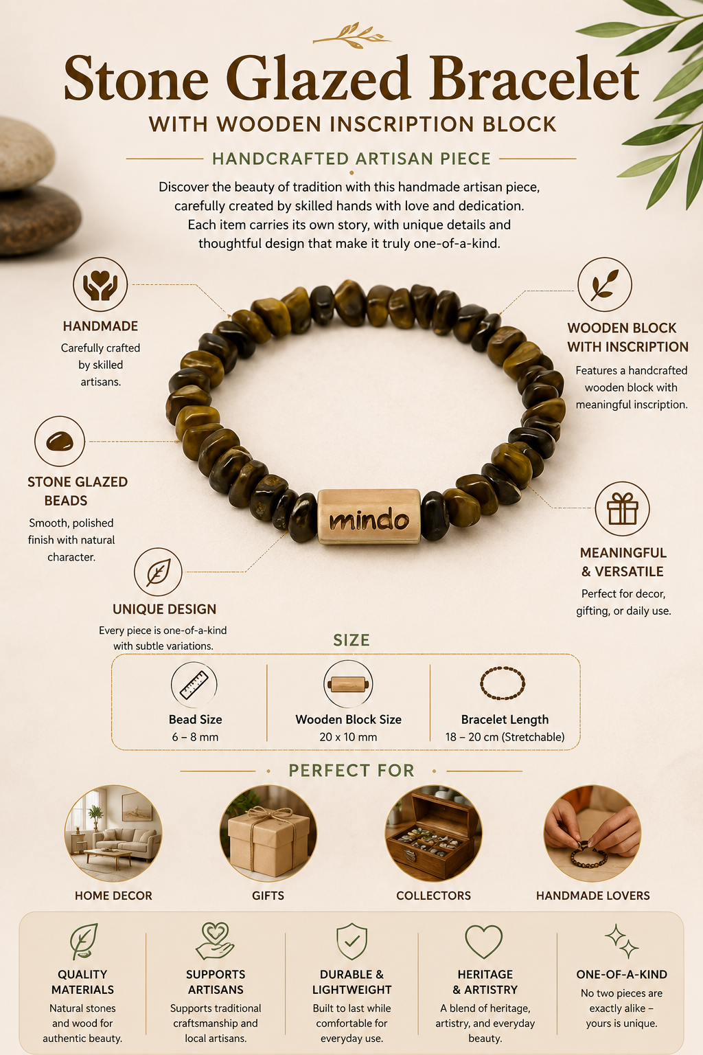 Stone Glazed Bracelet with Wooden Inscription Block | Handmade Artisan Decor | Unique Gift