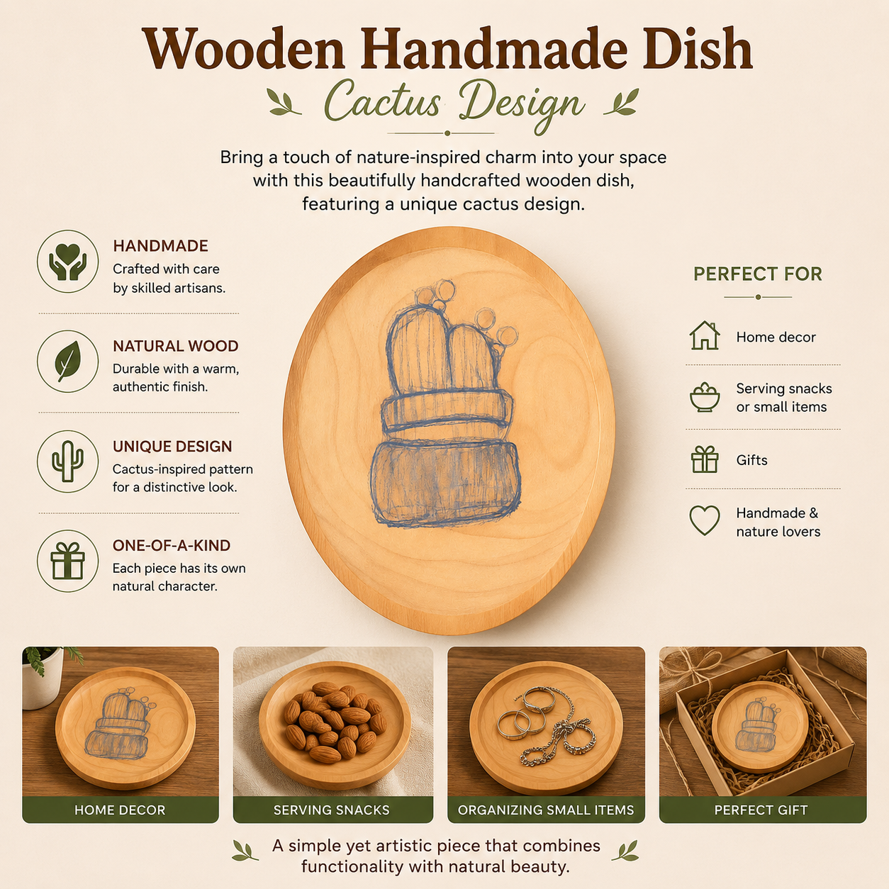 Wooden Handmade Dish – Cactus Design | Handcrafted Wooden Serving & Decor Dish