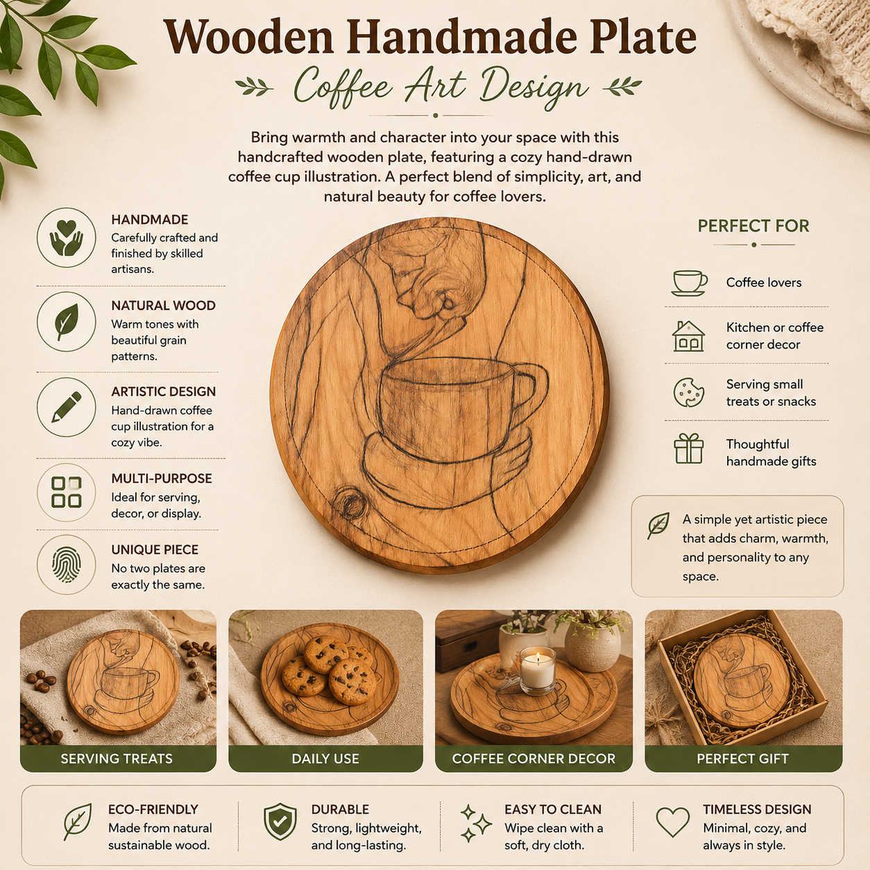 Wooden Handmade Coffee Plate | Rustic Coffee Art Wooden Tray | Handcrafted Coffee Lover Decor