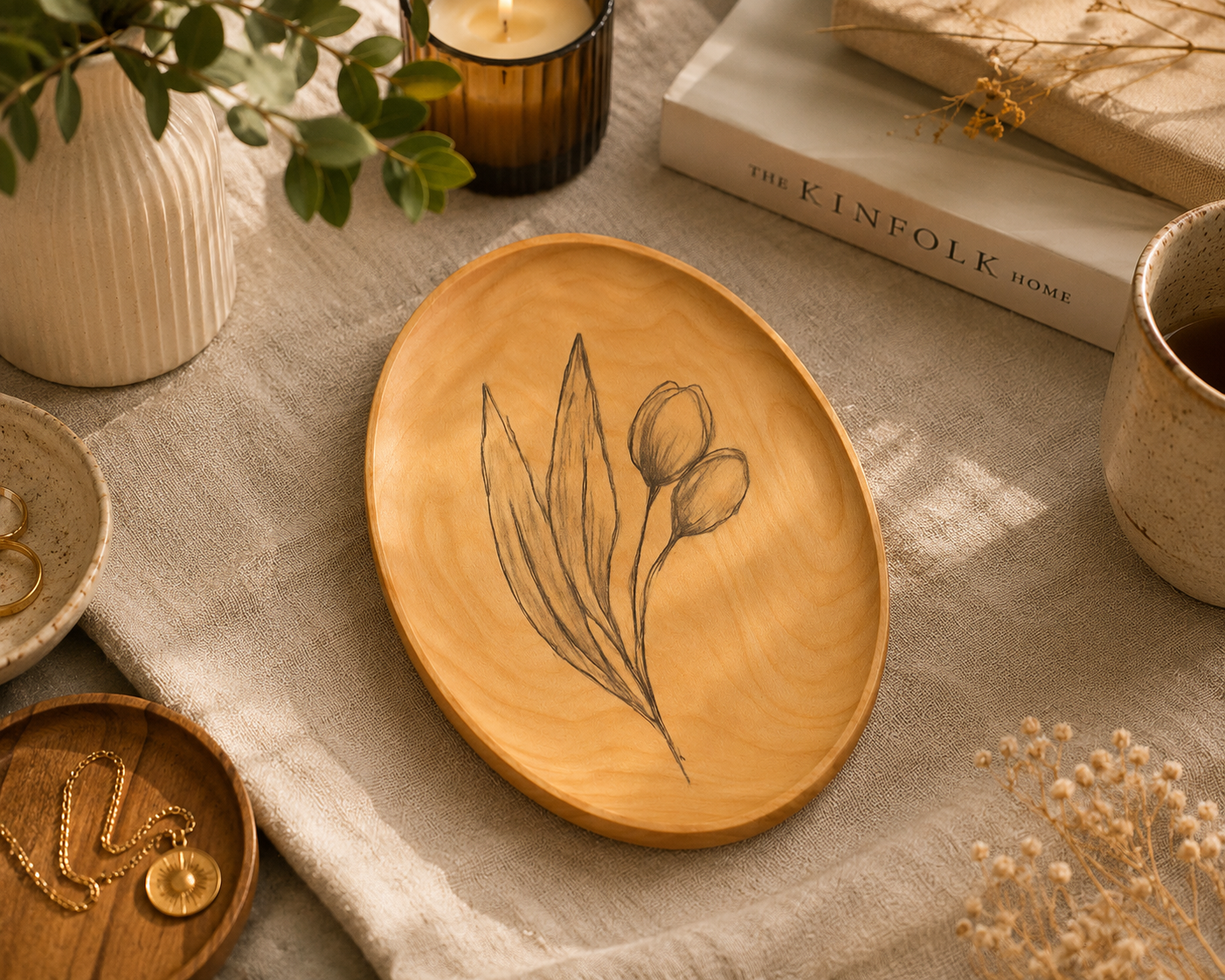 Wooden Handmade Plate – Minimalist Floral Design | Artisan Wooden Serving Plate | Nature-Inspired Decor