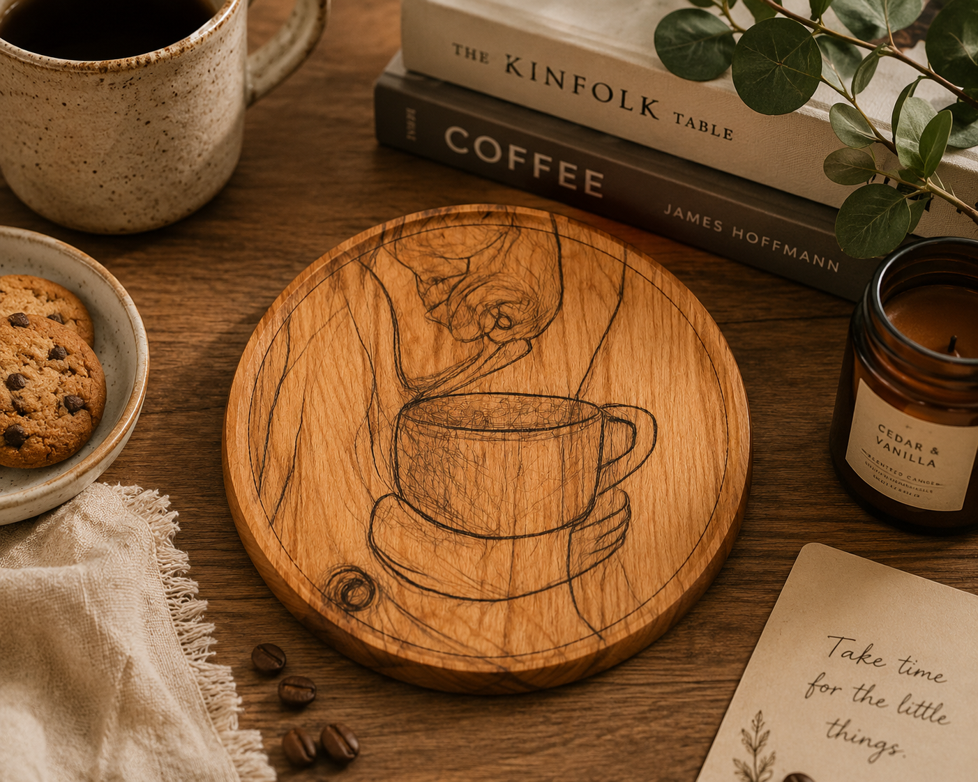 Wooden Handmade Coffee Plate | Rustic Coffee Art Wooden Tray | Handcrafted Coffee Lover Decor