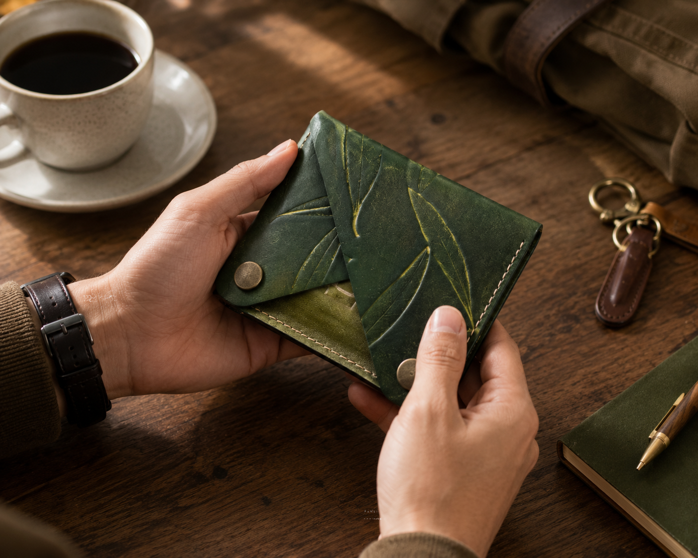 Olive Leaves Double Fold Wallet | Handmade Botanical Leather Wallet | Artisan Everyday Carry