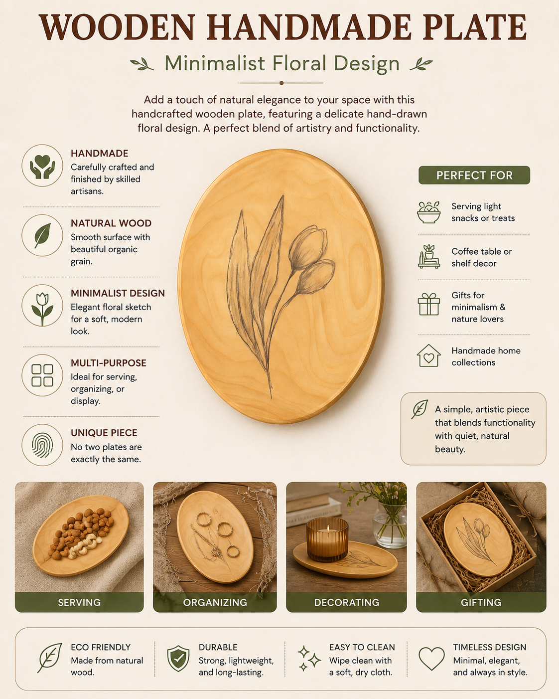 Wooden Handmade Plate – Minimalist Floral Design | Artisan Wooden Serving Plate | Nature-Inspired Decor