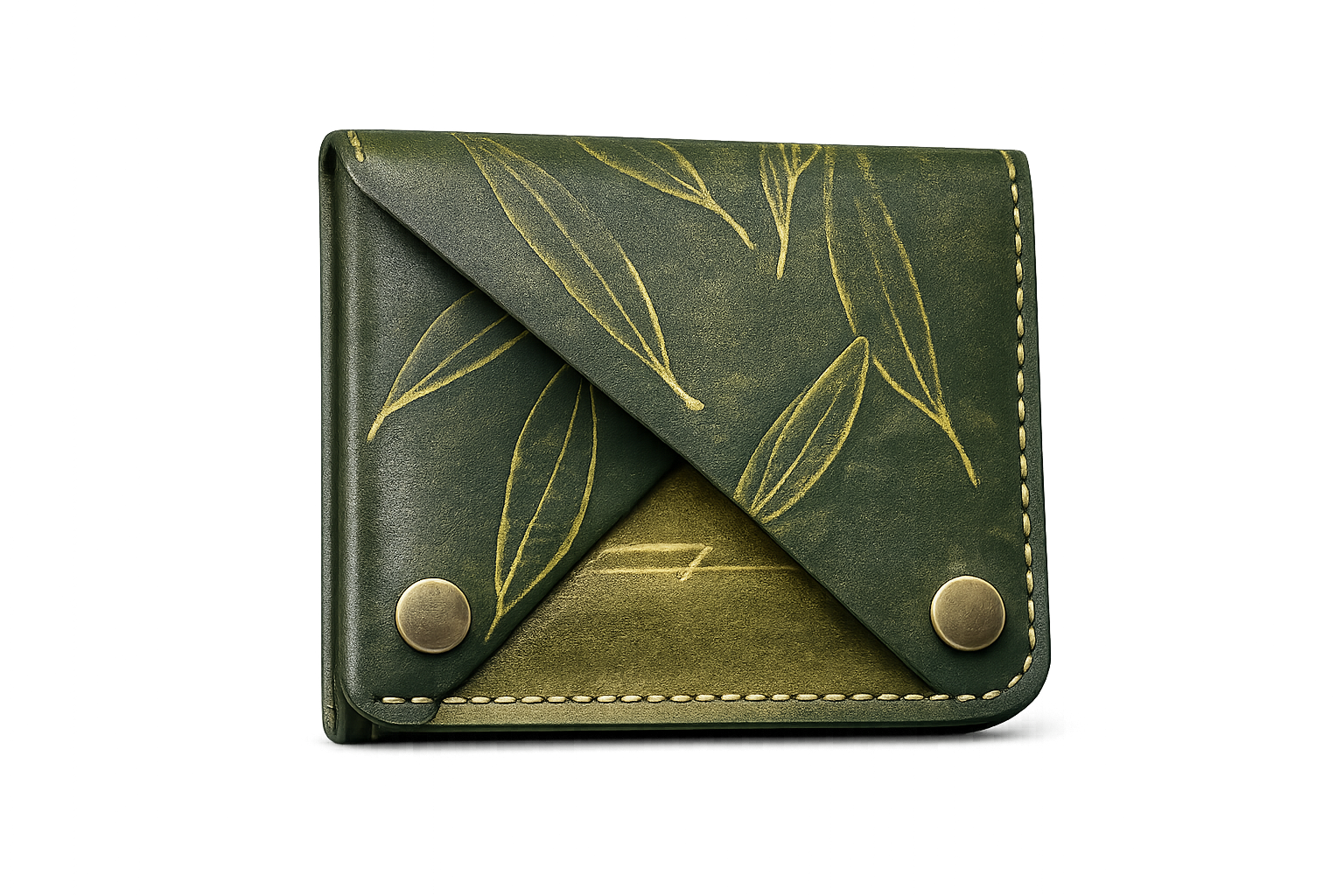 Olive Leaves Double Fold Wallet | Handmade Botanical Leather Wallet | Artisan Everyday Carry