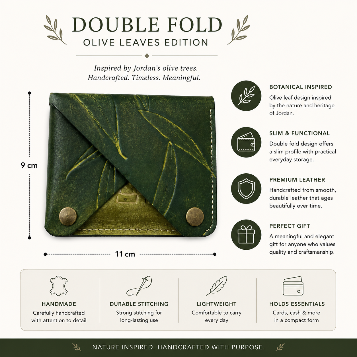 Olive Leaves Double Fold Wallet | Handmade Botanical Leather Wallet | Artisan Everyday Carry