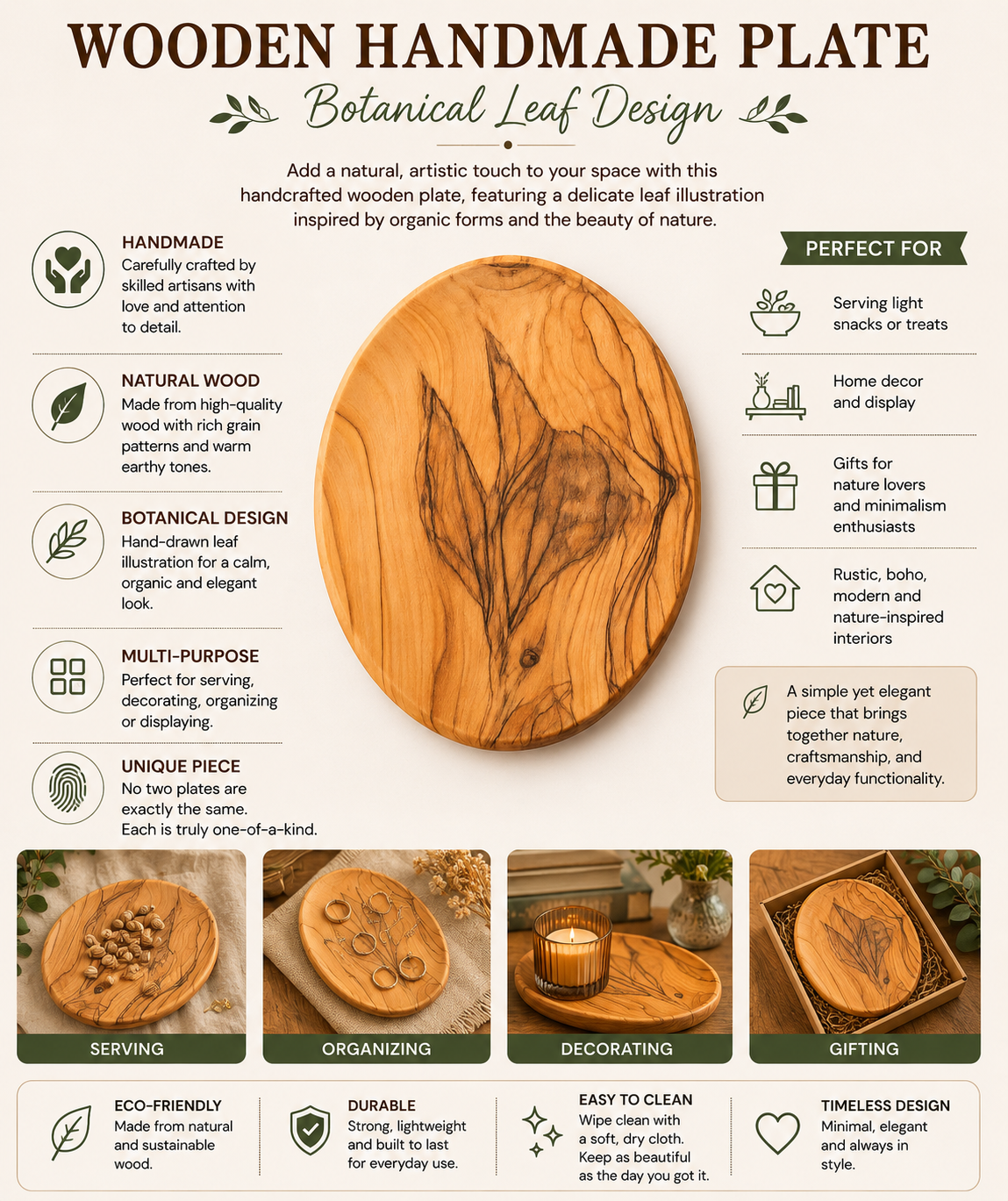Wooden Handmade Leaf Plate | Botanical Wooden Serving Plate | Rustic Nature-Inspired Decor