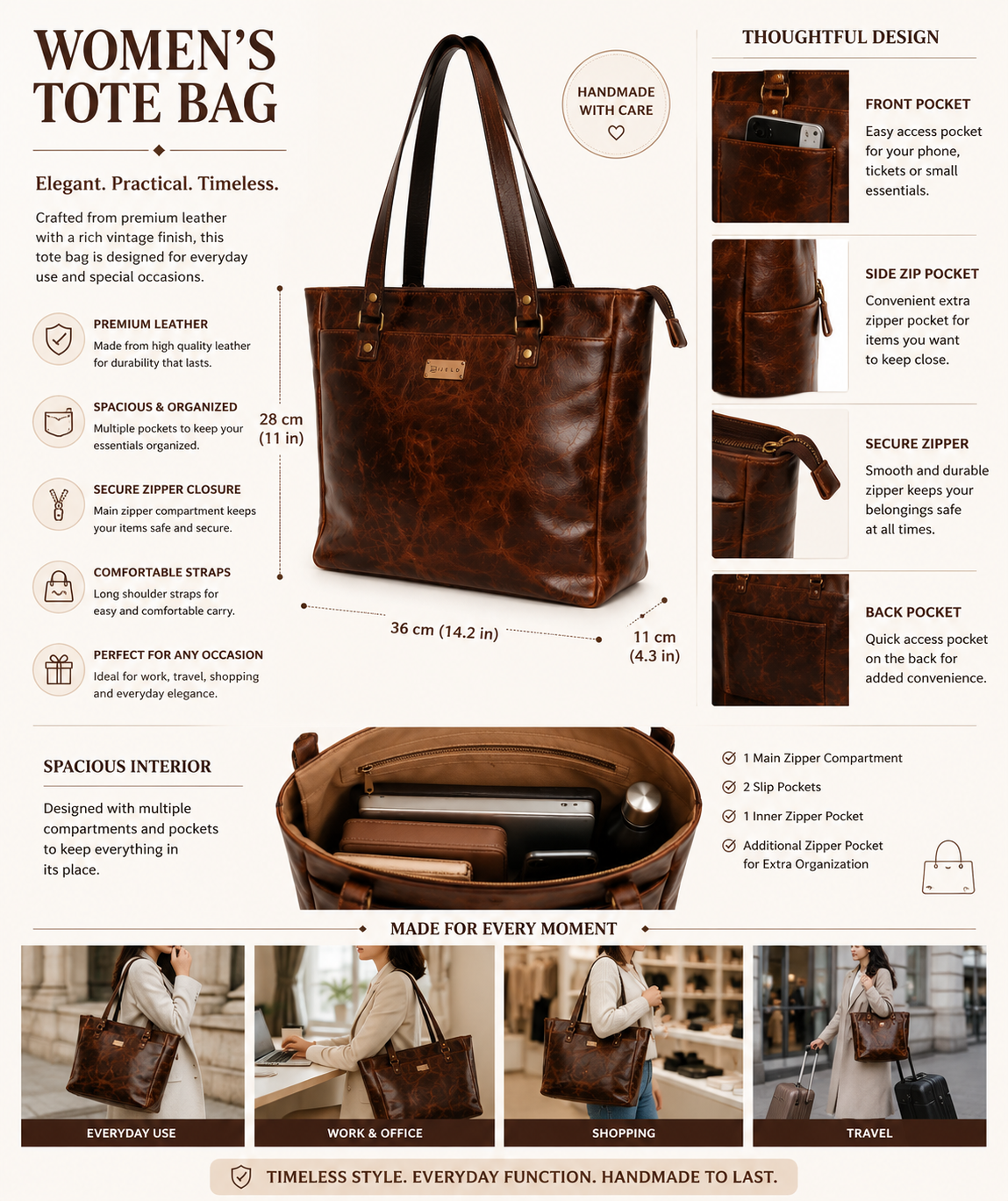 Women’s Leather Tote Bag | Handmade Vintage Shoulder Tote | Elegant Everyday Carry