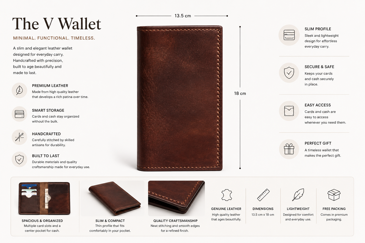 The V Leather Wallet | Handmade Minimalist Long Wallet | Slim Everyday Carry