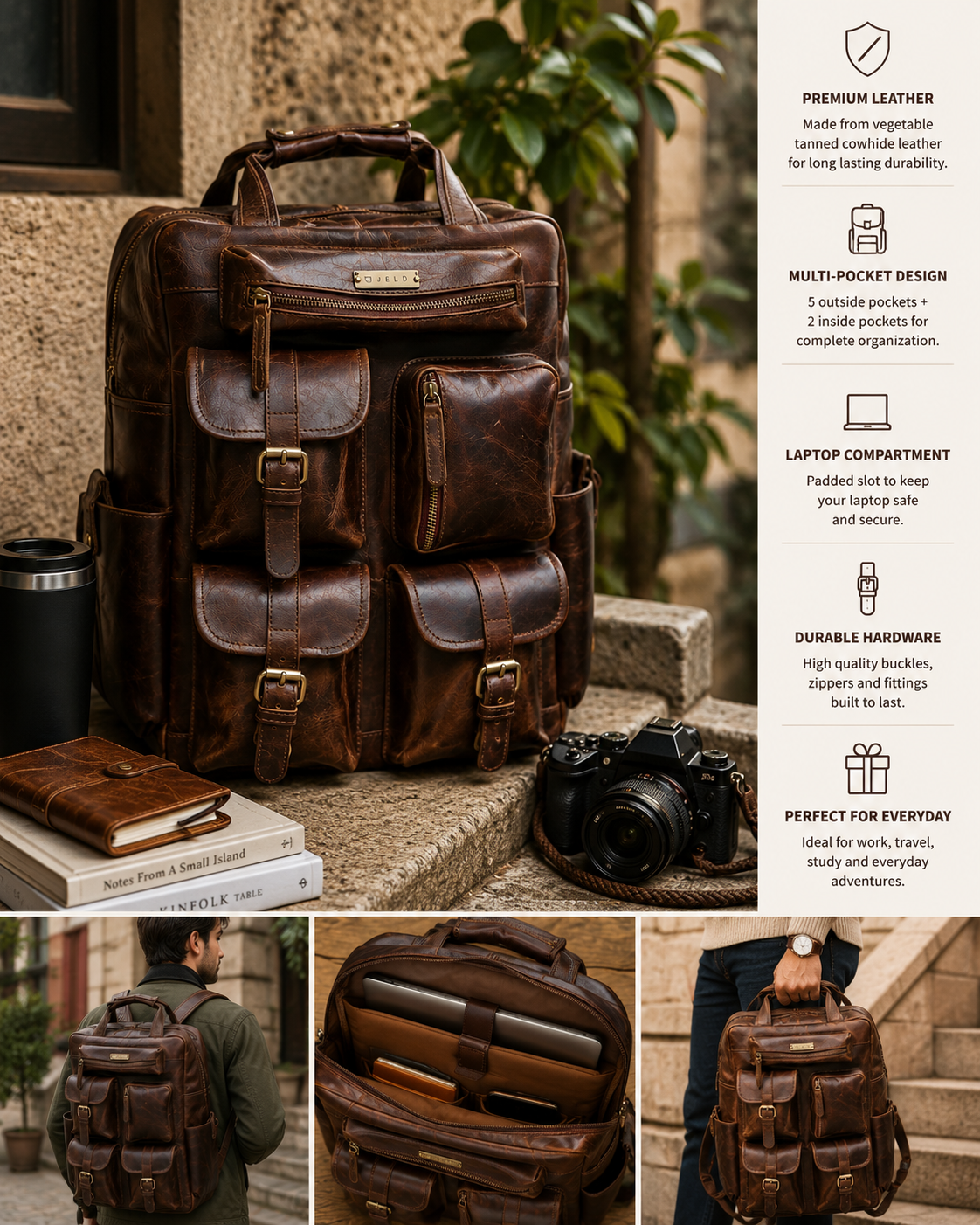 Multi-Pocket Leather Backpack | Handmade Vintage Utility Backpack | Everyday Travel Carry