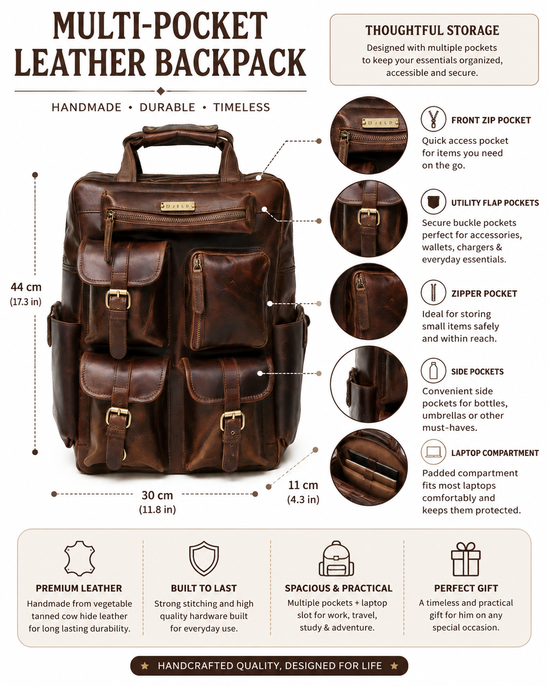 Multi-Pocket Leather Backpack | Handmade Vintage Utility Backpack | Everyday Travel Carry