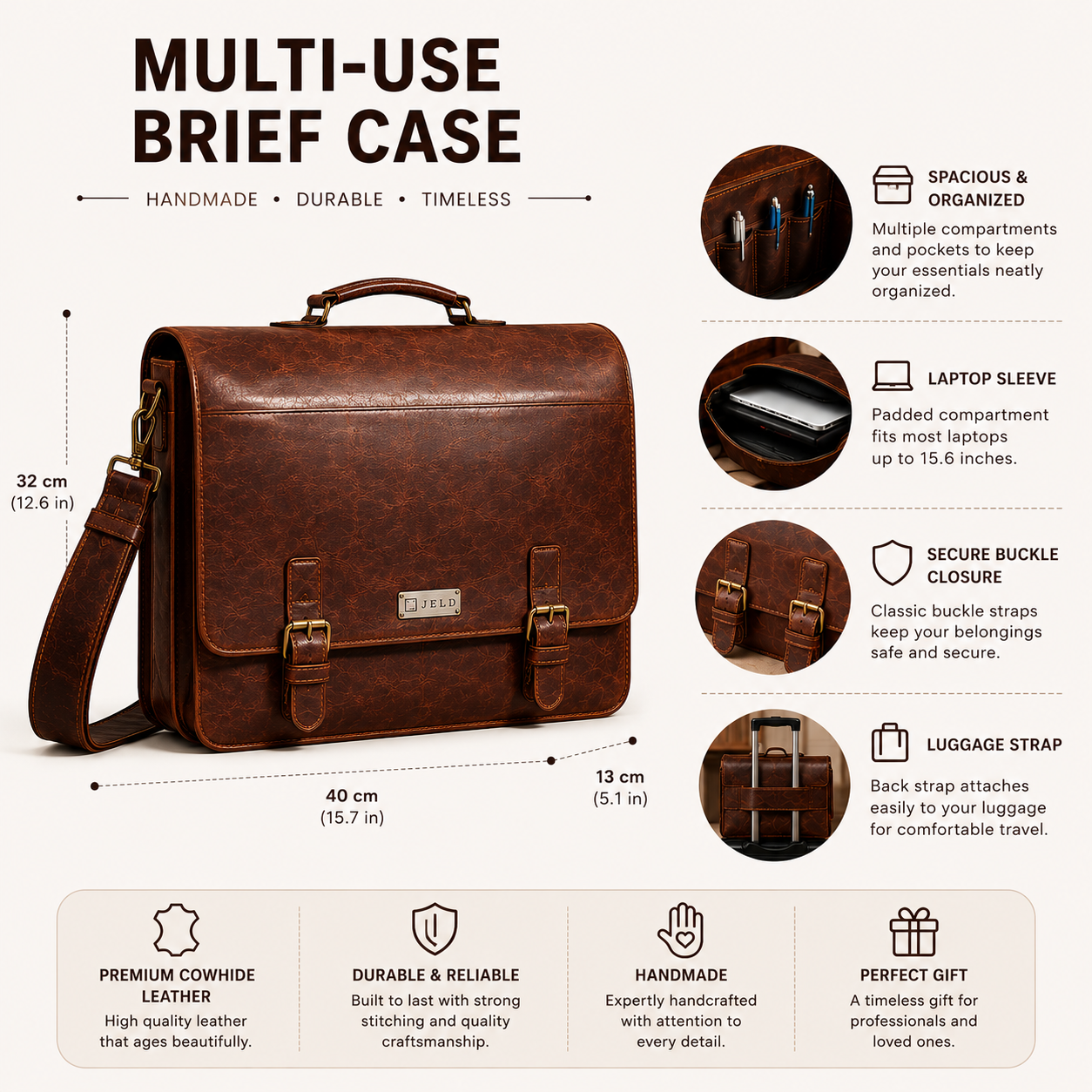 Multi-Use Leather Briefcase | Handmade Vintage Messenger Bag | Professional Travel Carry