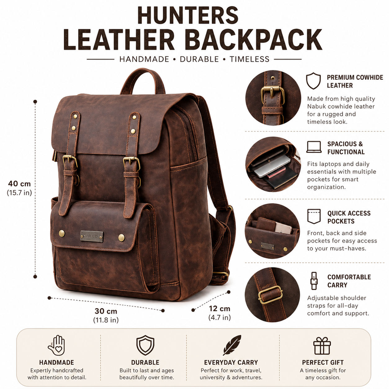 Hunter’s Leather Backpack | Handmade Vintage Leather Travel Bag | Rugged Everyday Carry